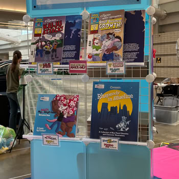 Closeup of bound print book display shelves